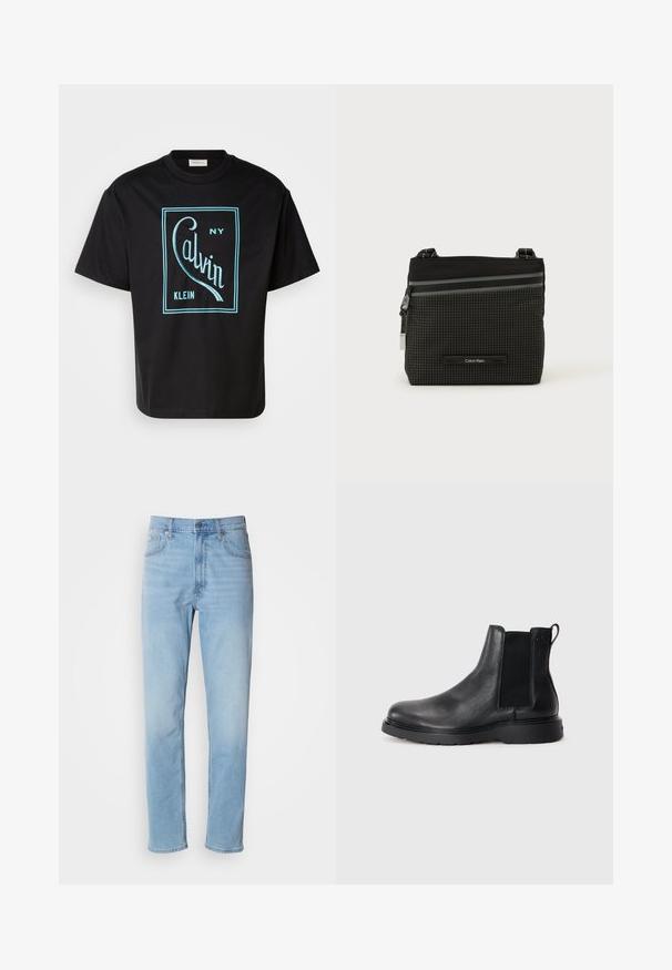 Schwarzes Baumwoll-T-Shirt mit einem auffälligen türkisen Grafikdesign, das "Calvin Klein NY" innerhalb eines rechteckigen Rahmens zeigt. Mit kurzen Ärmeln.; Hellblaue Jeans mit geradem Schnitt, fünf Taschen und Gürtelschlaufen. Der Stoff hat eine glatte Textur mit einem leichten Verblassungseffekt.; Schwarze Leder-Chelsea-Boots mit strukturiertem Finish, elastischen seitlichen Einsätzen und einer robusten Gummisohle. Dezentes Branding an der Ferse.; Schwarze und graue Calvin Klein Umhängetasche mit Karomuster, Frontreißverschlusstasche und verstellbarem Riemen vor weißem Hintergrund.