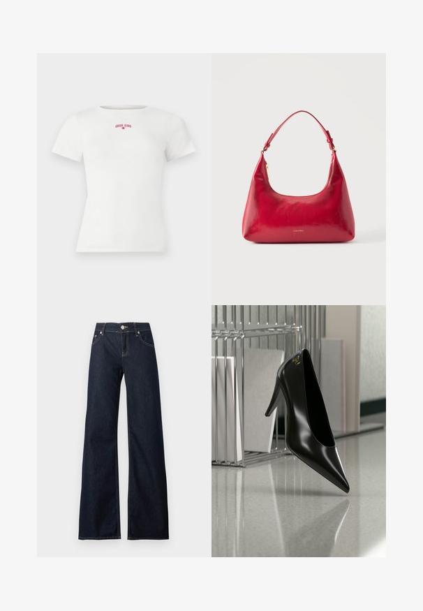 T-shirt blanc à manches courtes en côte, avec un petit texte rouge "GUESS JEANS" et un logo en forme d'étoile centrés près de l'encolure.; Jean bleu foncé à jambes larges avec fermeture boutonnée, passants de ceinture, poches avant et surpiqûres contrastantes.; Chaussure noire à talon haut avec bout pointu et logo doré, posée sur une surface réfléchissante près d'un organiseur de dossiers en fil chromé contenant des documents.; Sac à épaule en cuir rouge avec fermeture éclair dorée et sangle réglable, logo Calvin Klein centré à l'avant.