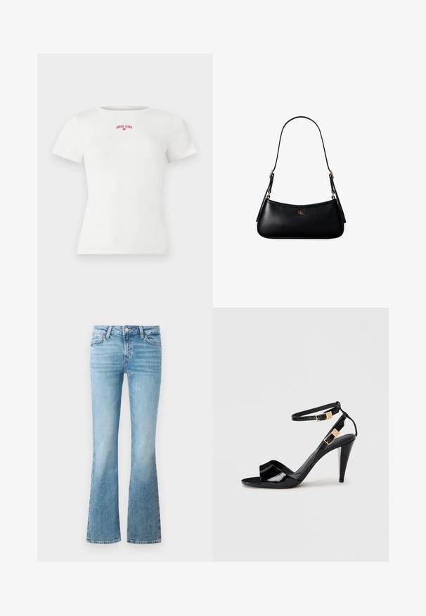 T-shirt blanc à manches courtes en côte, avec un petit texte rouge "GUESS JEANS" et un logo en forme d'étoile centrés près de l'encolure.; Jean flare en denim bleu clair avec poches avant, passants de ceinture et fermeture à bouton.; Sandale à talon haut en cuir verni noir avec double bride de cheville et boucles dorées, bout ouvert, et talon effilé sur fond neutre.; Mini sac à bandoulière en cuir noir avec une fine bandoulière et un petit logo CK doré au centre avant.