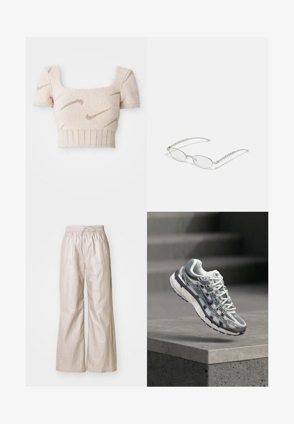 Kortærmet cropped top i blød, tekstureret stof. Lys pink farve med brune, bølgete mønstre. Fyrkantet udskæring og ribbet kant.; Lys beige, vide bukser lavet af rynket stof, med elastisk talje og snøre samt sidelommer.; Hvid og grå Nike sneaker med lilla accenter, svævende over en betonafsat med trapper sløret i baggrunden.; Ovale briller med en metallisk sølvramme, klare linser og strukturerede perleaccentede stænger. Letvægtsdesign med buede arme.