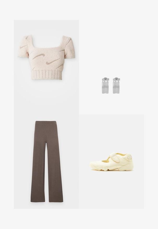 Kurzes, ärmelloses Oberteil aus weichem, strukturiertem Stoff. Hellrosa Farbe mit braunen, wellenförmigen Mustern. Quadrat-Ausschnitt und gerippter Saum.; Gerippte Wide-Leg-Hose in Dunkelbraun, mit elastischem Bund und weichem, strukturiertem Stoff.; Beiger Sportschuh mit dicker Sohle, Cut-out-Design und zwei verstellbaren Klettverschlüssen auf weißem Hintergrund.; Paar polierte silberne Creolen mit glatter, leicht gebogener Oberfläche und Schmetterlingsverschluss, auf weißem Hintergrund dargestellt.