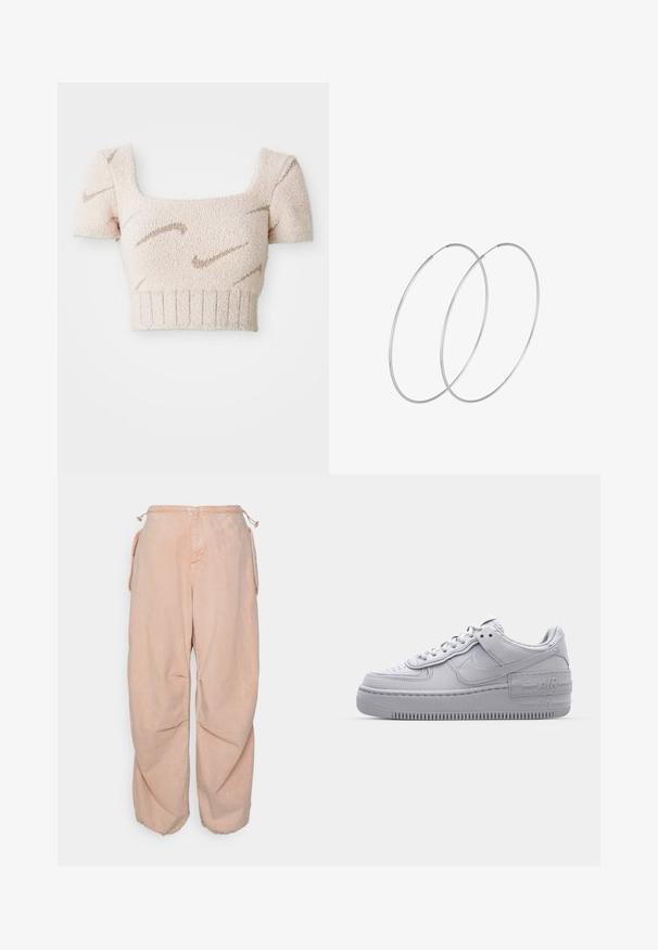Top court à manches courtes en tissu doux et texturé. Couleur rose clair avec des motifs ondulés marron. Décolleté carré et ourlet côtelé.; BDG Urban Outfitters BAGGY CARGO - Jean boyfriend - acid pink; Basket en cuir lisse gris Nike Air Force 1 avec un bout perforé, une semelle épaisse et un détail 'AIR' en relief sur le talon.; Boucles d'oreilles en argent au design minimaliste. Forme circulaire, texture lisse et profil fin. Légères avec une finition polie.