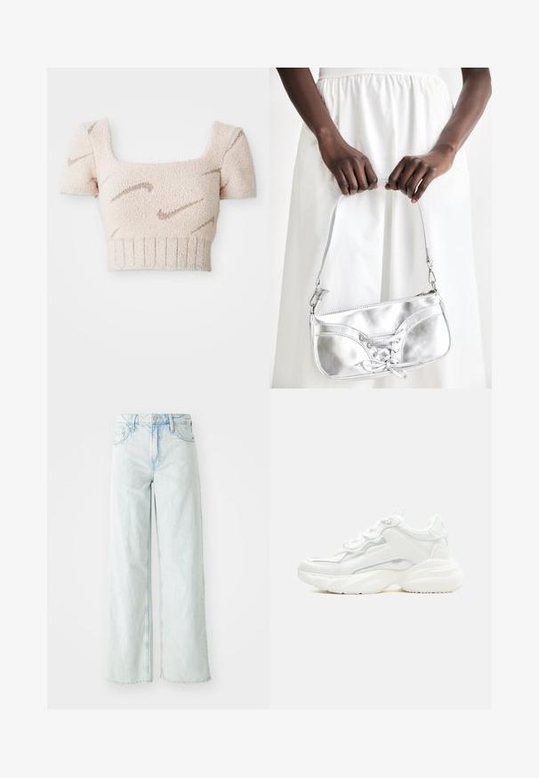 Top corto de manga corta en una tela suave y texturizada. Color rosa claro con patrones en forma de olas de color marrón. Escote cuadrado y dobladillo acanalado.; Jeans de pierna ancha de talle alto en denim de color azul claro. Cuenta con cinco bolsillos y cierre de botón. Textura desgastada en los muslos.; Zapatilla deportiva blanca y robusta con suela gruesa, cierre de cordones en la parte frontal y parte superior sintética lisa con detalles de costuras sutiles.; Bolso metálico plateado con detalle de cordones, que presenta un diseño elegante y una correa corta. El bolso está sostenido con las manos, mostrando su textura.