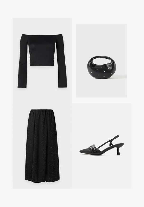 Top noir court avec des manches longues ajustées et un décolleté off-shoulder, fabriqué en tissu doux et lisse. Design simple et ajusté au corps.; Jupe noire en tissu léger avec une taille froncée. Elle présente un motif de petits pois blancs sur l'ensemble du tissu.; Simmi London DALA - Escarpins - black; Sac à main en cuir noir de forme arrondie, décoré de clous argentés et équipé d'une poignée courte. Texture lisse et fermeture éclair.