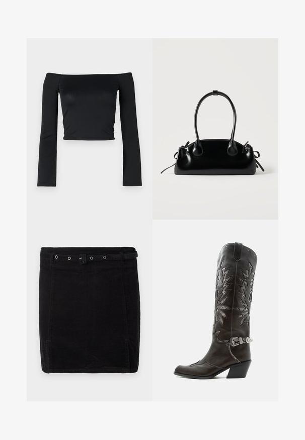 Top noir court avec des manches longues ajustées et un décolleté off-shoulder, fabriqué en tissu doux et lisse. Design simple et ajusté au corps.; Jupe en velours côtelé noir au design ajusté, dotée d'une ceinture, de détails en métal argenté et d'une texture de côtes verticales discrètes.; Botte de cowboy en cuir noir avec découpes décoratives, boucle argentée et talon incliné, présentée sur fond blanc.; Petit sac à main noir brillant avec deux longues anses et des détails à cordon sur les côtés sur un fond clair uni.