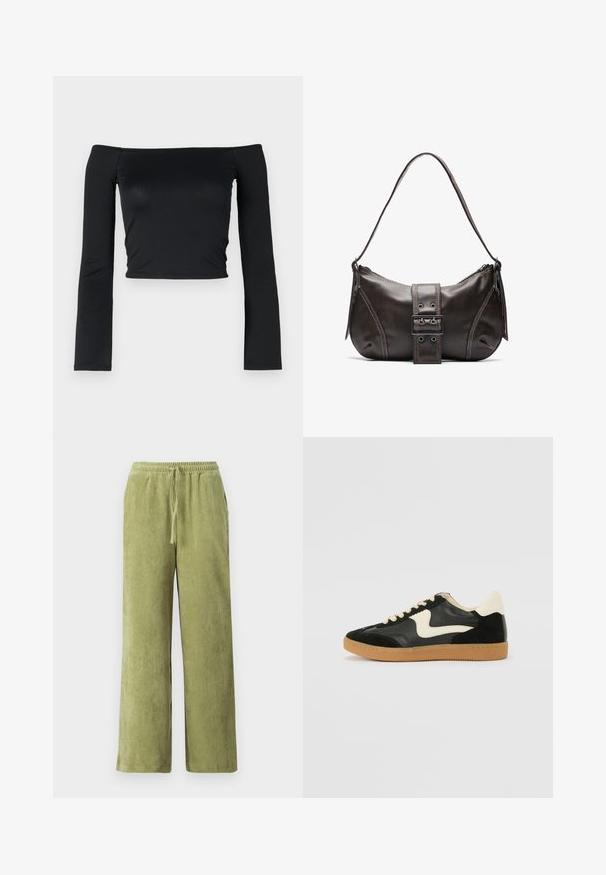 Top noir court avec des manches longues ajustées et un décolleté off-shoulder, fabriqué en tissu doux et lisse. Design simple et ajusté au corps.; Pantalon en velours côtelé vert avec une coupe à jambes larges, taille élastique et détail de cordon de serrage. Les côtes verticales du tissu créent une texture.; Baskets en daim et cuir noir avec un swoosh latéral crème et un talon crème clair. Dotées de lacets beige et d'une semelle en caoutchouc gomme.; Sac à épaule en cuir marron avec une forme courbée, présentant un détail de boucle proéminent, des coutures contrastantes et une seule bandoulière.