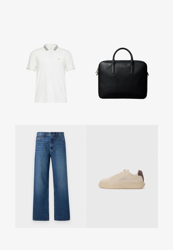 Hvid kortærmet polo med gråstribet krave og lille "cK" logo på venstre bryst.; Blå, højtaljede, straight-fit jeans med knapper og lynlås foran, fem lommer og en lille mærket patch på højre lomme.; Beige ruskind sneakers med rund tå, snørret foran og en brun ruskindsdetalje på hælen. Har en tekstureret gummisål.; Sort tekstureret lædermappe med dobbelte håndtag og sølv lynlås, centreret på hvid baggrund.