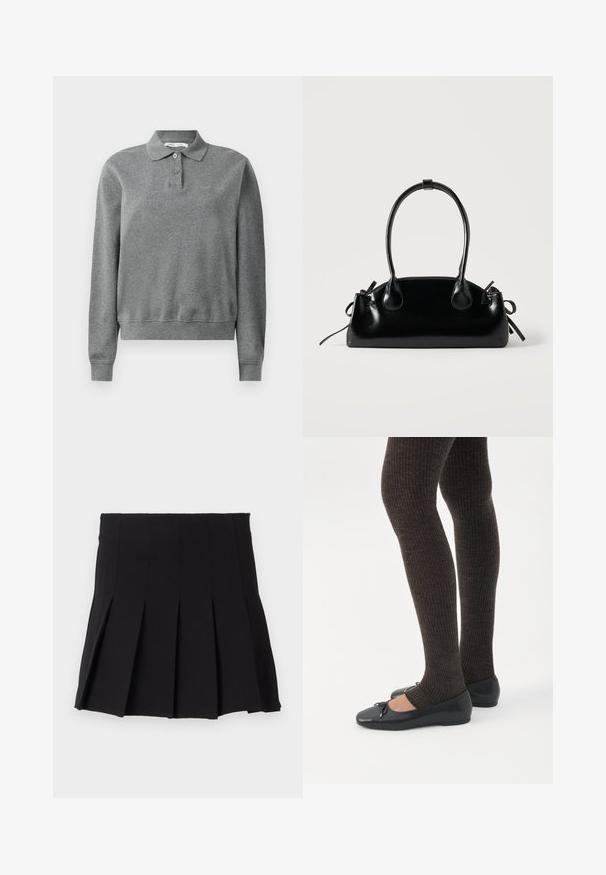 Polo gris à manches longues en tissu doux, avec un col classique, une patte de boutonnage et des poignets côtelés, offrant une coupe décontractée.; Jupe plissée noire avec une taille ajustée, fabriquée à partir d'un tissu lisse. Présente de multiples plis verticaux pour une silhouette structurée.; Jambes portant des leggings côtelés foncés associés à des ballerines noires avec de petits détails en nœud sur fond blanc.; Petit sac à main noir brillant avec deux longues anses et des détails à cordon sur les côtés sur un fond clair uni.