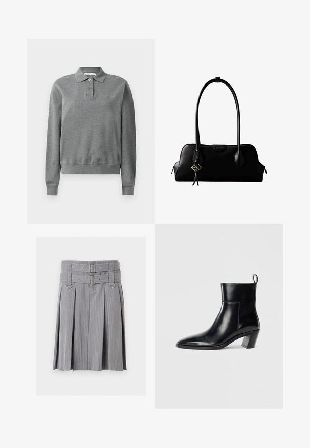 Polo gris de manga larga hecho de una tela suave, con un cuello clásico, una tapeta de botones y puños acanalados, con un corte relajado.; Falda plisada gris de rayas con doble cinturón y detalles de hebilla plateada, con detalles de anillas en forma de D en la cintura.; Botín de piel negra hasta el tobillo con punta afilada, tacón apilado geométrico y una lengüeta en la parte posterior. Textura suave y diseño elegante.; Bolso de mano negro de cuero Calvin Klein con asas largas, una etiqueta con el logo frontal y un colgante geométrico plateado que cuelga de una de las asas.