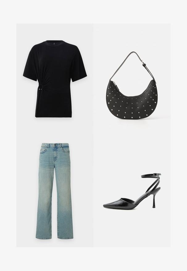T-shirt noir à manches courtes en jersey doux, présentant un détail noué sur le côté avec un accent argenté. Encolure classique.; Jean en denim bleu clair avec une taille haute, des jambes larges et un design classique à cinq poches. Présente un léger délavage et une fermeture à bouton.; Escarpin noir à bout pointu avec fines brides de cheville et fermeture à boucle argentée sur fond clair uni.; Sac à main en cuir noir avec une forme arrondie, orné de clous en argent, doté d'une fermeture éclair et d'une seule sangle ajustable.