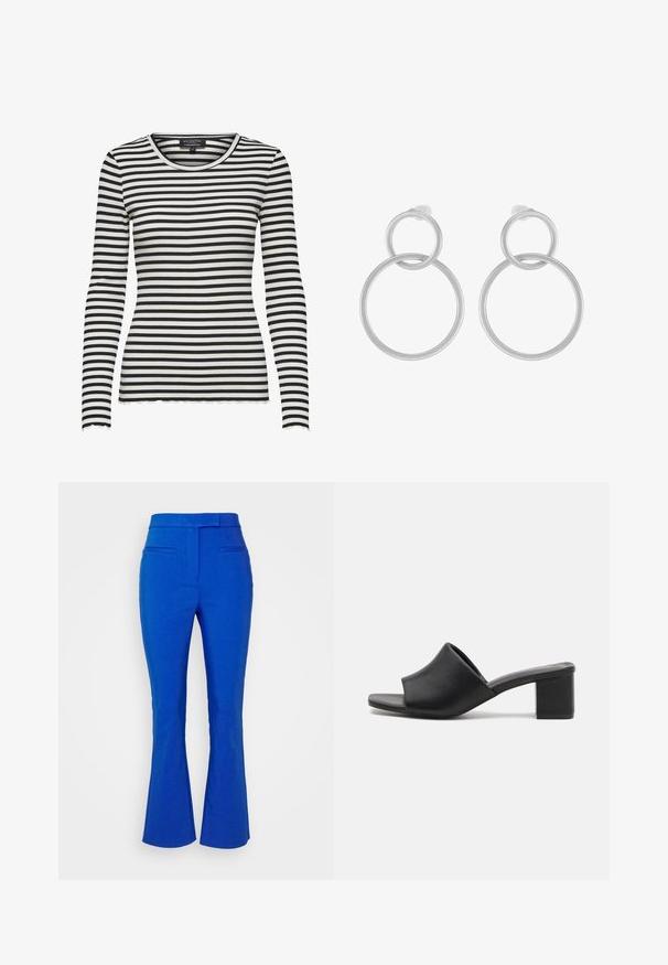 Langærmet sort og hvidt vandret stribet ribbet skjorte med rund halsudskæring og bølgede kanter på ærmer og kant.; b.young BYDELONA PANTS - Bukser - nautical blue; Sorte læder mules med blokhæl og åben tå, med en glat overflade og let buet overdelsdesign for komfort og stil.; Sølv metal øreringe med to sammenflettede cirkler, en større og en mindre, med børstet finish og push-back låse.