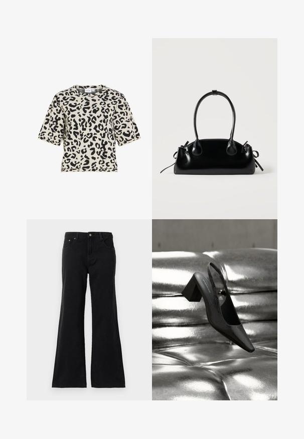 Haut en tricot à manches courtes avec motif léopard noir et blanc et col rond.; Jean en denim noir taille haute avec cinq poches et jambes évasées, affiché sur un fond blanc.; Escarpin noir à bride arrière avec bout pointu, présentant une surface texturée et un talon bloc épais. Posé sur un fond métallique brillant.; Petit sac à main noir brillant avec deux longues anses et des détails à cordon sur les côtés sur un fond clair uni.