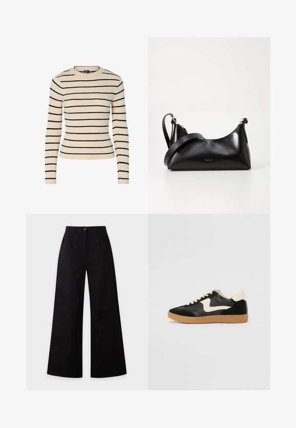 Pull crème côtelé avec des rayures horizontales noires, col rond et manches longues. Présente un design ajusté et une texture sans couture.; Pantalon noir à jambes larges avec bouton sur le devant, fermeture éclair et poches latérales sur un fond uni clair.; Baskets en daim et cuir noir avec un swoosh latéral crème et un talon crème clair. Dotées de lacets beige et d'une semelle en caoutchouc gomme.; Sac à main en cuir noir avec une texture lisse. Dispose d'une bandoulière adjustable et d'un design élégant et minimaliste avec une fermeture éclair.