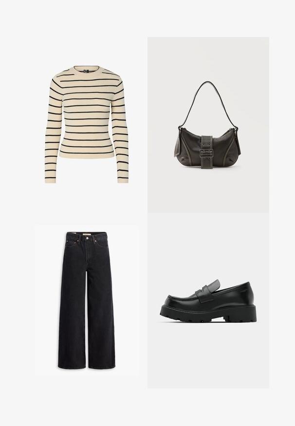 Pull crème côtelé avec des rayures horizontales noires, col rond et manches longues. Présente un design ajusté et une texture sans couture.; Jean noir à jambe large en denim, comportant cinq poches, des rivets en laiton et une fermeture à bouton classique. Texture lisse avec un design épuré.; Mocassins en cuir noir avec une semelle épaisse et texturée, dotés d'une sangle sur le vamp et d'une finition lisse et polie.; Sac à épaule en cuir noir avec une sangle à boucle, des bords arrondis et des coutures blanches contrastées sur un fond uni.