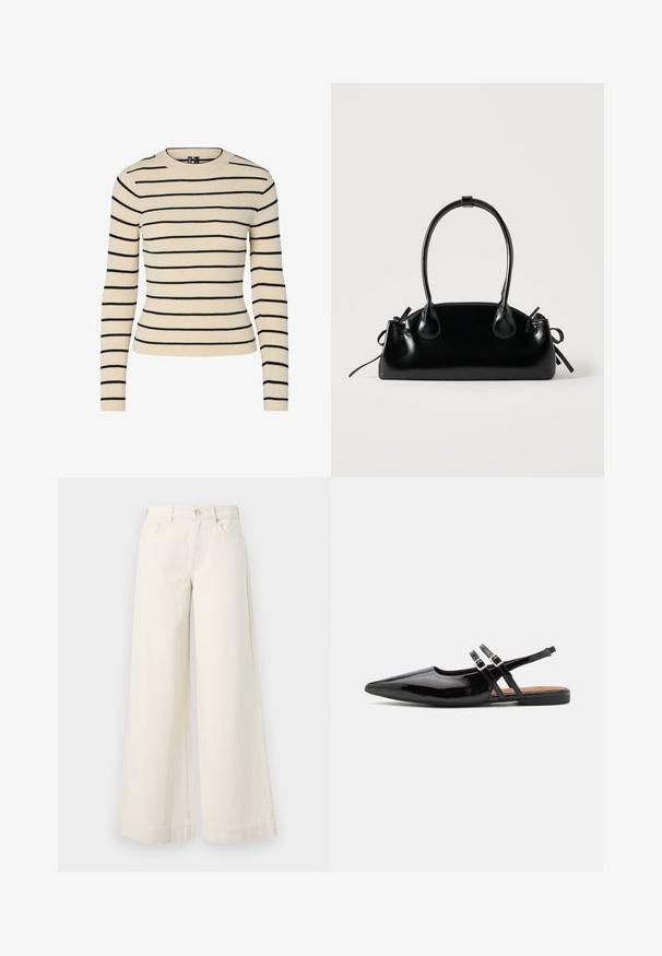 Pull crème côtelé avec des rayures horizontales noires, col rond et manches longues. Présente un design ajusté et une texture sans couture.; Pantalons en denim beige clair à jambes larges, taille haute, avec deux poches avant, fermeture à bouton et détails de couture subtils.; Des chaussures slingbacks en cuir verni noir présentent un bout pointu, deux sangles avec des accents de boucle, et une semelle plate.; Petit sac à main noir brillant avec deux longues anses et des détails à cordon sur les côtés sur un fond clair uni.