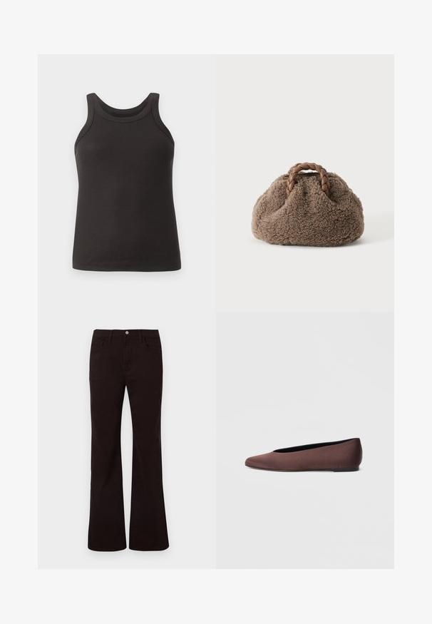 Top sin mangas negro de canalé con escote redondeado y tirantes anchos. Confeccionado en una tela suave y elástica, presenta un diseño ajustado.; Vaqueros acampanados de cintura alta negros con botón frontal, cremallera, trabillas para cinturón y bolsillos delanteros y traseros sobre un fondo blanco.; Zapatillas de ballet de tela marrón con punta puntiaguda y textura suave, con parte trasera baja y suela negra fina. Sin patrones visibles ni elementos metálicos.; Pequeño bolso marrón peludo con asas de cuero trenzado sobre un fondo liso y claro.