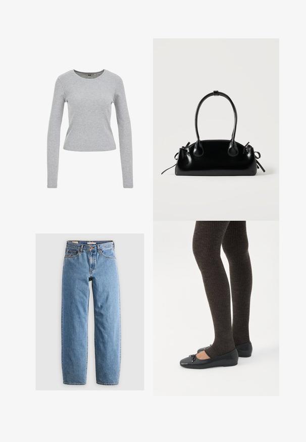 Grå langærmet skjorte lavet af en tekstureret bomuldsblanding, med en rund halsudskæring og en tætsiddende pasform. Ingen synlige mønstre eller udsmykninger.; Lysblå denim jeans med lige ben-design, fem lommer, lynlås og en subtil falmet tekstur. Klassisk stil med minimal hardware.; Ben iført mørke ribbede leggings kombineret med sorte balletsko med små sløjfedetaljer på hvid baggrund.; Lille sort blank håndtaske med to lange håndtag og snøre-detaljer i siden på en ensfarvet lys baggrund.