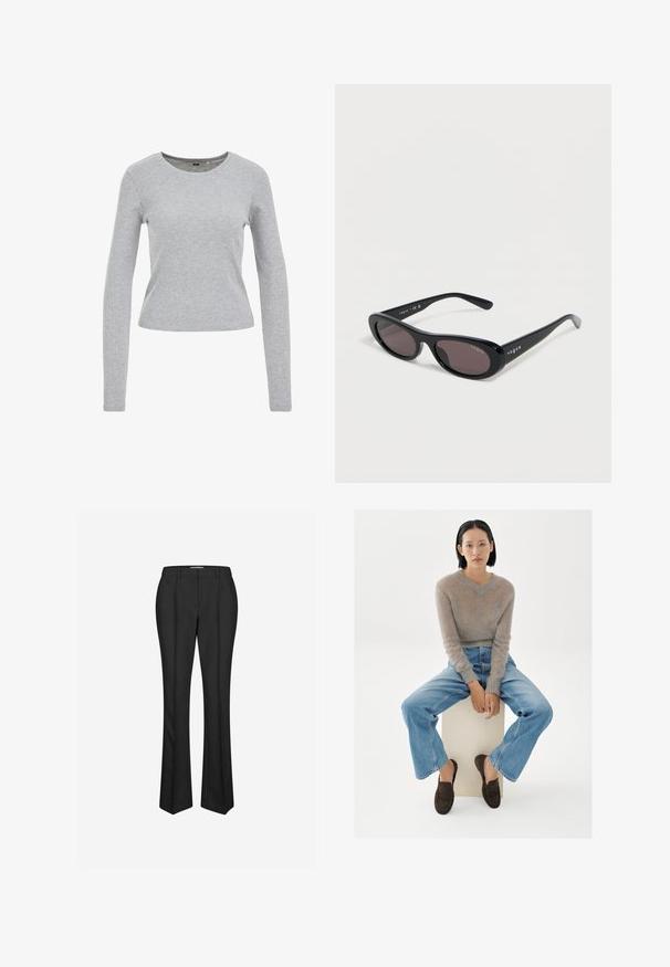 Grijze langwerpige shirt met lange mouwen, gemaakt van een gestructureerde katoenen mix, met een ronde halslijn en een aangesloten pasvorm. Geen zichtbare patronen of versieringen.; Envii AUSTION PANTS - Broek - black; Jonge vrouw met kort zwart haar zit op een wit blok, gekleed in een beige, zacht gebreide trui, blauwe jeans en donkerbruine loafers, tegen een witte achtergrond.; Zwarte ovale Vogue-zonnebril met donker getinte glazen en glanzende monturen, rustend op een wit oppervlak.