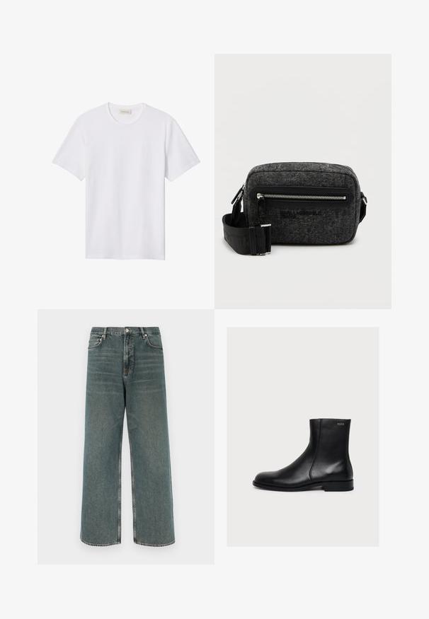 Effen wit T-shirt met korte mouwen en ronde hals, met een klein reliëflogo op de linkerborst en een merklabel binnenin de kraag.; Wijde denim jeans in vervaagd blauw, met een vijf-pocket ontwerp, knoopsluiting en contrasterende stiksels. Textured, met een lichte versleten uitstraling.; Zwarte gladde lederen enkellaars met lage hak en zijrits, gelabeld Hugo vlak bij de bovenrand.; Grijze vilten schoudertas met een voorzak met rits, zwart logo en verstelbare schouderband. Beschikt over een gestructureerde rechthoekige vorm en gladde metallic hardware.