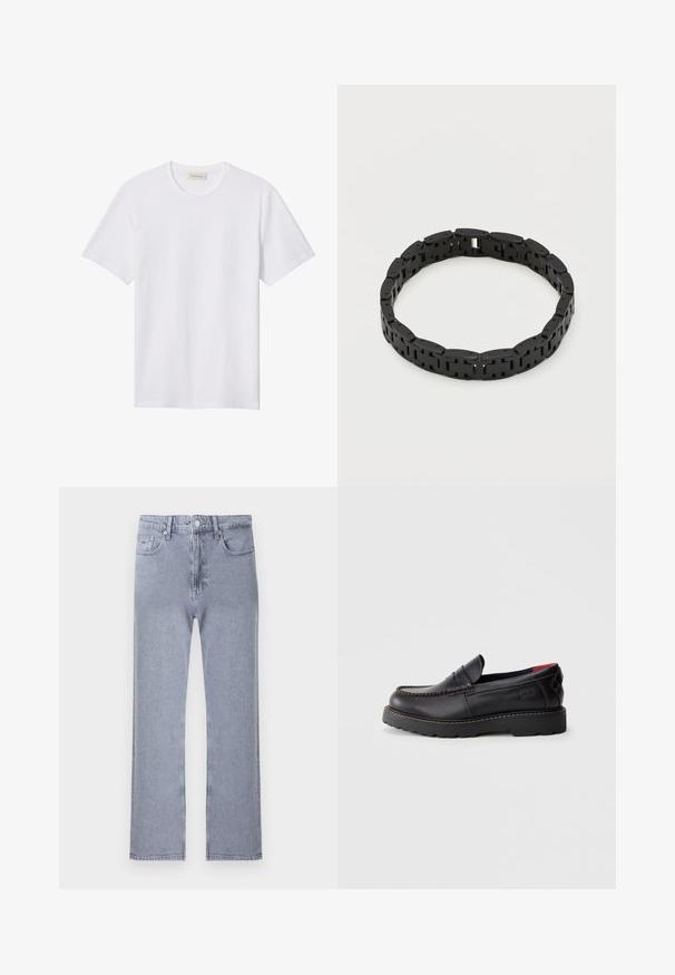 Hvidt ensfarvet T-shirt med korte ærmer og rund hals, med lille præget logo på venstre bryst og mærke indeni kraven.; Lyseblå straight-leg jeans med klassisk fem-lomme design, knaplukning og diskret falming på hvid baggrund.; Sorte læderslippersko med mokkastoftning, gummisål og en struktureret overflade. Har subtil branding på siden.; Sort metal linksarmbånd med rektangulære sammenkædede segmenter, arrangeret i en cirkulær form på en hvid baggrund.