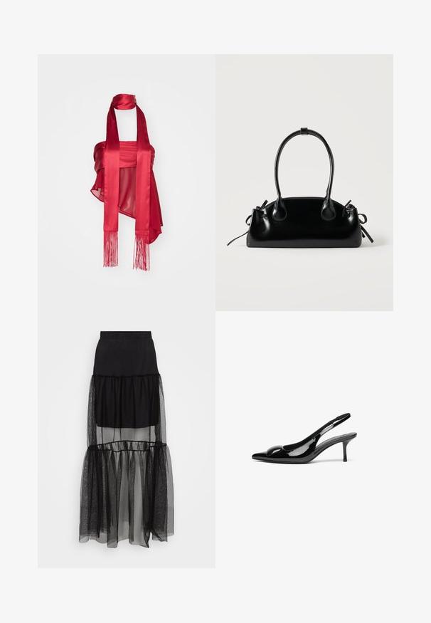 Haut en satin rouge avec un design froncé, comprenant de longues lanières à franges à l'avant et à l'arrière, et une texture lisse. Bretelles de cou réglables incluses.; Jupe noire à plusieurs couches avec une section inférieure transparente et texturée, une taille élastique et un design fluide. Composée de matériaux légers.; Escarpins slingback en cuir verni noir avec un bout pointu et une finition brillante. Présente un talon fin et un accent arrondi au dessus du pied.; Petit sac à main noir brillant avec deux longues anses et des détails à cordon sur les côtés sur un fond clair uni.