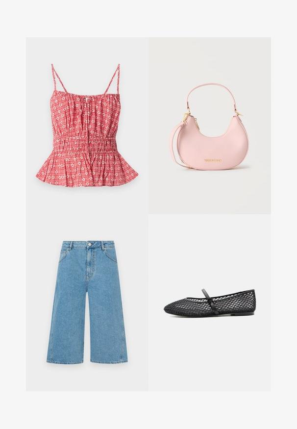 Haut rouge à motif avec des fines bretelles, présentant un buste froncé et un ourlet en peplum. Motif floral et rayé sur un tissu léger.; Shorts en denim bleu moyen longueur genou avec fermeture à bouton et zipper, passants de ceinture, et poches avant sur un fond uni.; Chaussure Mary Jane plate noire avec dessus en mesh présentant un motif en résille et de petites décorations, et une fine bride avec fermeture à boucle.; Sac à main en cuir rose clair en forme de croissant, avec une poignée courte, une fermeture éclair dorée et le logo Valentino sur le devant, sur fond uni.