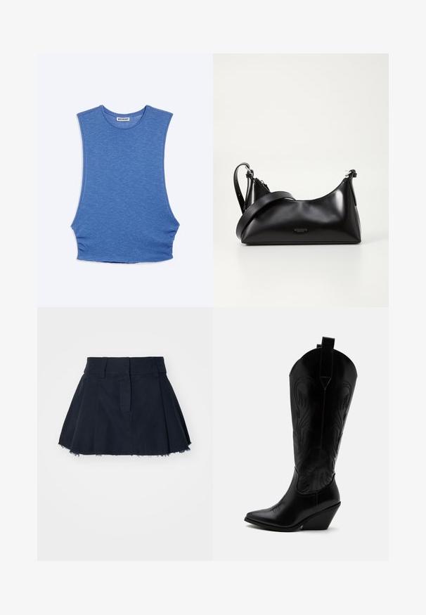 Haut tricoté bleu sans manches à col rond, emmanchures tombantes et étiquette "WEEKDAY" à l'intérieur du col.; Jupe en coton bleu marine à forme évasée, avec des plis, un ourlet effiloché et une taille avec passants pour ceinture.; Botte de cowboy en cuir noir avec bout pointu, talon bloc incliné, couture décorative et languettes en haut sur fond blanc.; Sac à main en cuir noir avec une texture lisse. Dispose d'une bandoulière adjustable et d'un design élégant et minimaliste avec une fermeture éclair.