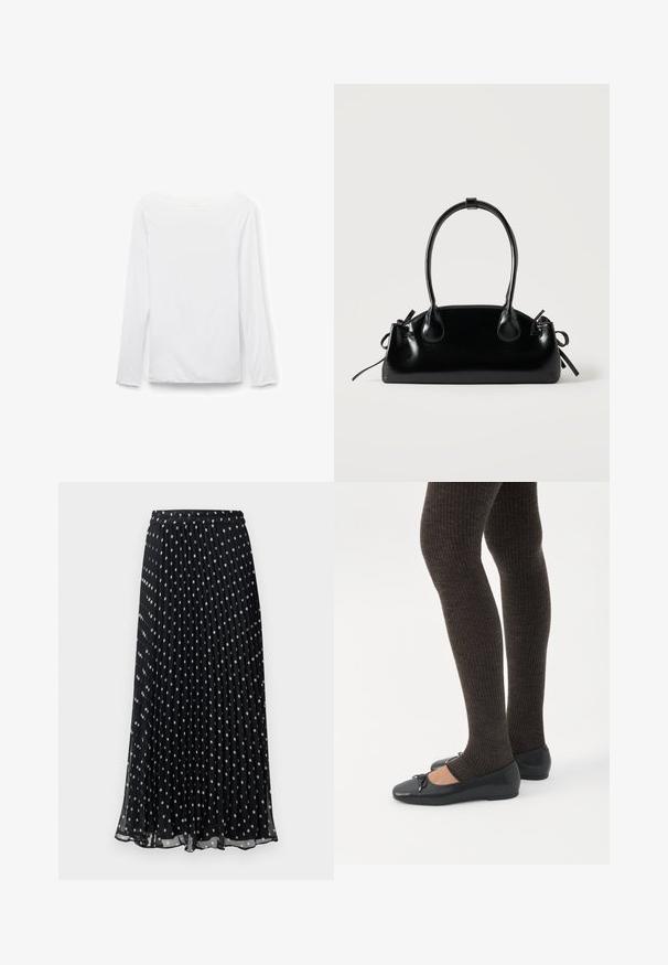 Camiseta blanca de manga larga con cuello barco, diseño liso, mostrada plana sobre un fondo blanco, vista frontal.; Falda negra plisada con lunares blancos, presenta una cintura elástica y un diseño fluido, confeccionada con tela ligera.; Piernas con leggings oscuros acanalados combinados con bailarinas negras que presentan pequeños detalles de lazo sobre un fondo blanco.; Pequeño bolso negro brillante con dos asas largas y detalles de cordón lateral sobre un fondo claro liso.