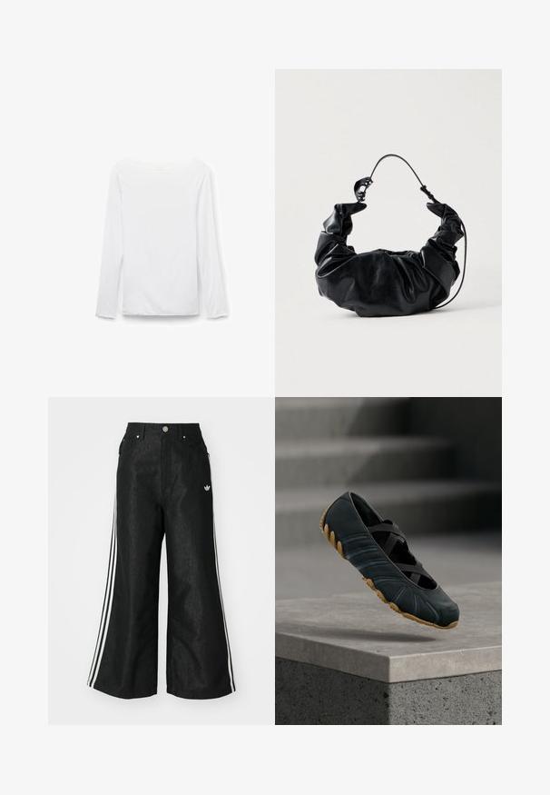Camiseta blanca de manga larga con cuello barco, diseño liso, mostrada plana sobre un fondo blanco, vista frontal.; Pantalones de denim anchos y negros con tres franjas blancas en cada lado y un pequeño logo blanco. Cuenta con bolsillos frontales y un cierre de botón.; Zapato negro sin cordones con correas elásticas cruzadas y suela texturizada de color marrón claro, suspendido sobre un borde de hormigón con escaleras desenfocadas al fondo.; Bolso de mano de cuero sintético negro con un diseño suave y recogido, y un asa flexible, que destaca por su textura lisa y un sutil brillo.