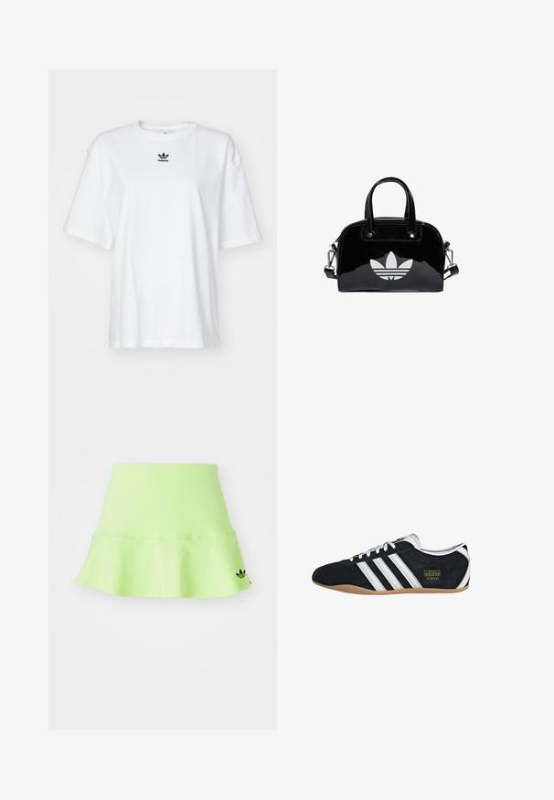 Hvid kortærmet t-shirt lavet af bomuld. Har en rund halsudskæring og et lille sort Adidas-logo på brystet. Lige skåret kant.; adidas Originals SKIRT - Mini skirts - signal green; Sort ruskinds sneaker med hvide tre striber, guldlogo og en brun gummisål. Har et lavprofil snørebåndsdesign.; Sort patentlæder håndtaske med rund form, to top-håndtag, sølvdetaljer og en fremtrædende hvid logo på fronten.