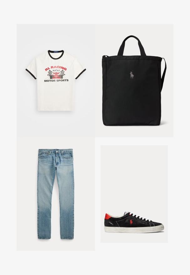 Weißes Baumwoll-T-Shirt mit schwarzem Ringkragen und Ärmeln. Mit rotem und schwarzem Grafikdruck, der eine Illustration eines Rennautos und Schachbrettflaggen zeigt.; Hellblaue Jeans mit geradem Bein, fünf Taschen, Knopfverschluss und dezenten verwaschenen Details an Oberschenkeln und Knien.; Schwarze Wildleder-Sneaker mit weißen Schnürsenkeln, roten Akzenten an der Ferse und einem kleinen roten Logo. Sie verfügen über eine flache Gummisohle und einfache Nähte.; Schwarze rechteckige Tote-Tasche mit kurzen Griffen, einem langen Schulterriemen an der Seite und einem kleinen bestickten Polo-Spieler-Logo in der vorderen Mitte.