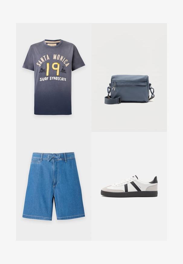Dunkelblaues Baumwoll-T-Shirt mit Verlaufseffekt, bedruckt mit "SANTA MONICA" und "19" in gelber und cremefarbener Stickerei, Rundhalsausschnitt, kurze Ärmel.; Hellblaue Denim-Shorts mit einem Kordelzugbund, Fronttaschen und kontrastierenden Nähten. Klassisches Design, knielanger Schnitt.; Weiße Sneaker mit schwarz- und grau-aczenten, ausgestattet mit einer strukturierten grauen Zehenkappe, schwarzer Gummi-Sohle und flachen weißen Schnürsenkeln. Sauberes Design, minimalistische Stil.; Blaue rechteckige Umhängetasche mit Frontreißverschlusstasche und verstellbarem Riemen vor weißem Hintergrund.