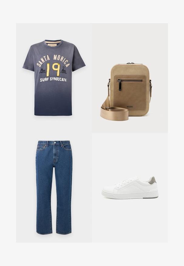 Marineblå bomulds T-shirt med gradienteffekt, med "SANTA MONICA" og "19" i gul og creme broderi, rund hals, korte ærmer.; Blå straight-leg jeans lavet af denim, med knaplukning, fem lommer og kontrasterende orange stikninger.; Hvid sneaker lavet af glat læder, rund tå, minimalistisk design, grå hælafsats og tekstureret gummisål.; Lille beige crossbody-taske med lynlåslomme foran, metal ALDO-logo, justerbar bred rem og rundet rektangulær form på hvid baggrund.