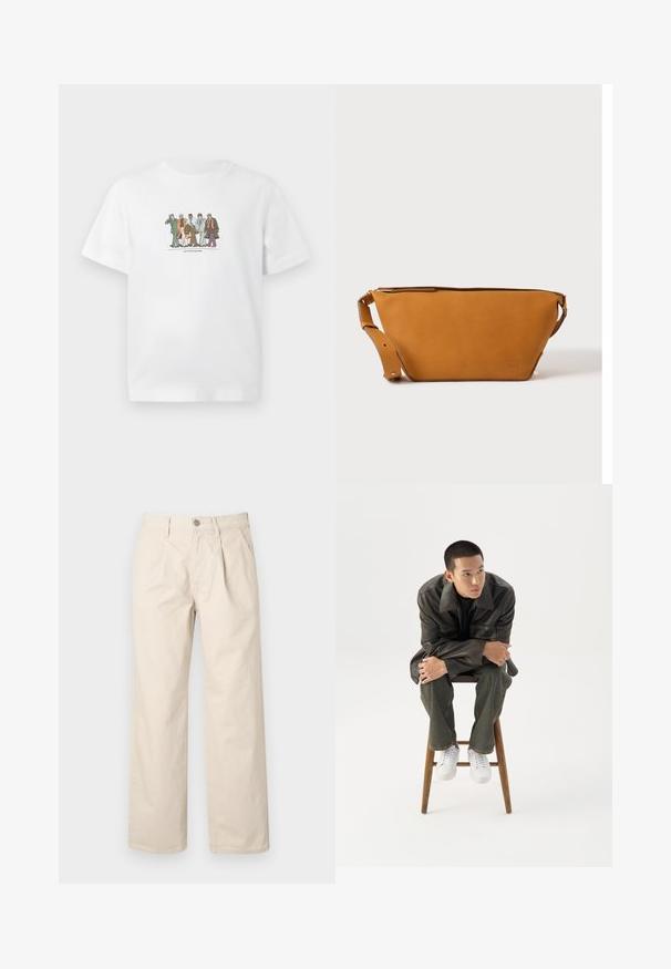 Hvid T-shirt med illustration af fem forskellige mænd i jakkesæt, der går selvsikkert side om side, mens de holder på aktetasker og telefoner.; Beige brede bukser med høj talje, der har folder foran, en knappelukning foran og et glat bomuldsstof.; Ung mand i mørk læderjakke og jeans sidder på en træskammel, læner sig fremad med armene krydset og kigger til siden mod hvid baggrund.; Lys brun læder crossbody taske med justerbar rem og lynlås, vist mod en ensartet lys baggrund.