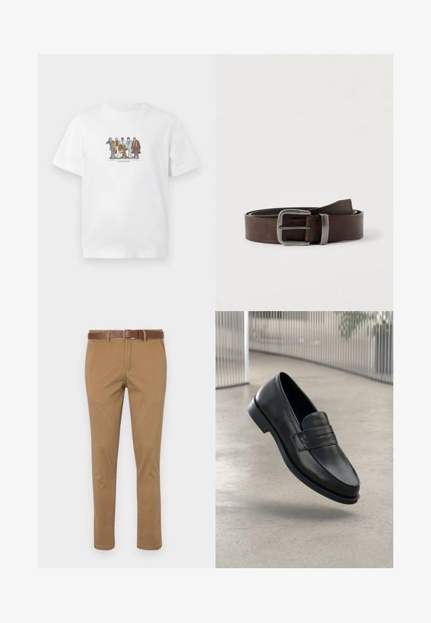 Hvid T-shirt med illustration af fem forskellige mænd i jakkesæt, der går selvsikkert side om side, mens de holder på aktetasker og telefoner.; Brune chinos med en struktureret overflade, der har skrå sidelommer, lukning med knap og lynlås samt et brunt læderbælte.; Sort lædersko med glat tekstur, spids tå og en dekorativ rem over vristen. Letvægts sål, minimalistisk design.; Mørkebrunt læderbælte med sølv rektangulært spænde, rullet og placeret mod en lys neutral baggrund.