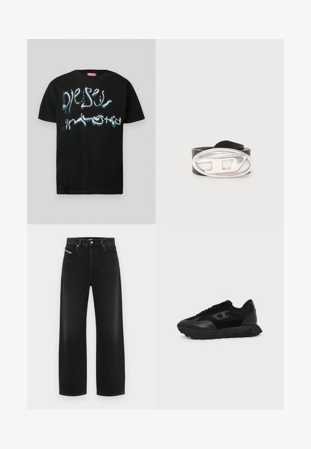 T-shirt en coton noir avec un logo graphique proéminent en blanc et bleu, effet goutte. Encolure ronde et manches courtes.; Jean noir à jambe large en denim, avec une taille haute, des poches avant et une texture légèrement délavée, doté d'une fermeture à bouton classique.; Baskets basses noires avec semelle texturée, dessus en mesh et cuir, fermeture à lacets devant, et petit logo embossé sur le panneau latéral.; Ceinture en cuir noir roulée avec une grande boucle ovale en argent ornée d'un "D" stylisé en relief.