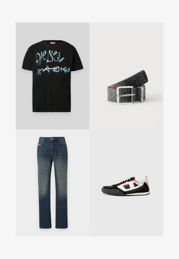 T-shirt en coton noir avec un logo graphique proéminent en blanc et bleu, effet goutte. Encolure ronde et manches courtes.; Jean en denim bleu à jambe droite avec lavage délavé, fermeture avant par bouton et fermeture éclair, et design à cinq poches.; Diesel S PAGODHA LOW - Baskets basses - black; Ceinture noire Diesel avec grand texte logo blanc, boucle rectangulaire en argent, et détail de boucle métallique brandée, enroulée sur un fond clair.