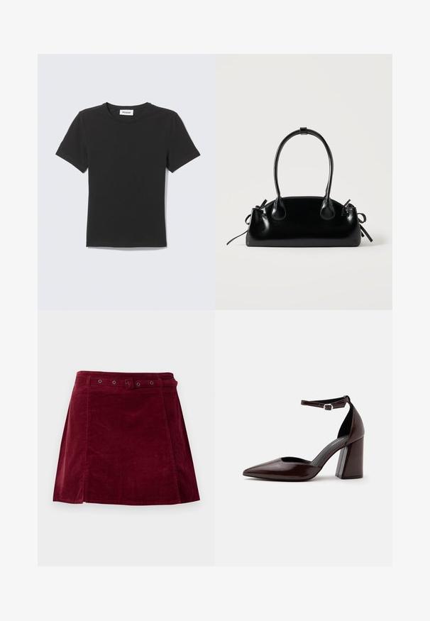 T-shirt noir à manches courtes col rond posé à plat avec une petite étiquette blanche à l'intérieur du col sur un fond clair.; Jupe en velours côtelé rouge foncé avec une ceinture assortie et des œillets métalliques, présentant une légère forme trapèze et un détail sur le panneau avant.; Chaussure à talon haut en cuir marron foncé à bout pointu, avec bride à la cheville et boucle argentée sur fond blanc.; Petit sac à main noir brillant avec deux longues anses et des détails à cordon sur les côtés sur un fond clair uni.