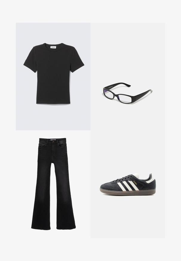T-shirt noir à manches courtes col rond posé à plat avec une petite étiquette blanche à l'intérieur du col sur un fond clair.; Jean en denim noir taille haute avec jambes évasées larges, bouton à l'avant, fermeture éclair, et style cinq poches.; Baskets Adidas Samba noires avec des bandes blanches, semelle en gomme et texte doré "Samba" sur le côté, vues de profil gauche sur fond uni.; Des lunettes rectangulaires noires avec des verres transparents. Fini brillant, branches étroites et teinte violette visible sur les bords des verres.