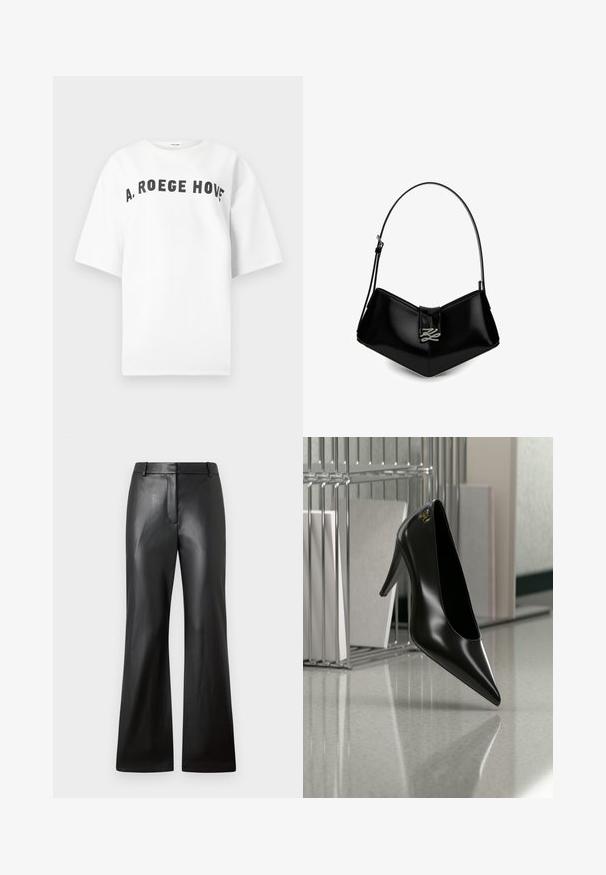 Λευκό T-shirt με κοντό μανίκι, με μαύρο κυρτό κείμενο «A. ROEGE HOVE» τυπωμένο στο στήθος, εμφανιζόμενο σε απλό φόντο.; Μαύρο δερμάτινο παντελόνι με λεία υφή, φαρδύ σχέδιο και μέση μεσαίου ύψους που διαθέτει θηλιές ζώνης και μπροστινές τσέπες.; Μαύρο γυναικείο παπούτσι με ψηλό τακούνι και μυτερή μύτη με χρυσό λογότυπο, τοποθετημένο σε μια ανακλαστική επιφάνεια κοντά σε χρωμιωμένο μεταλλικό οργανωτή αρχείων με έγγραφα.; Μαύρη γυαλιστερή δερμάτινη τσάντα χειρός με κοντό λουράκι και ασημένιες μεταλλικές λεπτομέρειες σε σχήμα στυλιζαρισμένων αρχικών στο μπροστινό κλείσιμο με καπάκι.