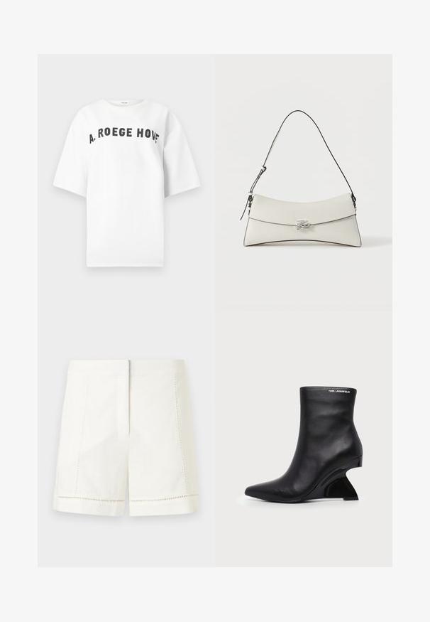 Λευκό T-shirt με κοντό μανίκι, με μαύρο κυρτό κείμενο «A. ROEGE HOVE» τυπωμένο στο στήθος, εμφανιζόμενο σε απλό φόντο.; Λευκά λινά σορτς με δομημένο σχεδιασμό, που διαθέτουν πλαϊνές τσέπες και διακοσμητικό ράψιμο κατά μήκος του τελειώματος. Ομαλή υφή, κομψή γραμμή.; Μαύρο δερμάτινο μποτάκι αστραγάλου με καμπυλωτό σμιλευμένο τακούνι και λογότυπο Karl Lagerfeld κοντά στην πάνω άκρη σε λευκό φόντο.; Λευκή δερμάτινη τσάντα ώμου με καμπύλο καπάκι, μαύρο περίγραμμα, ρυθμιζόμενο λουρί και ασημένιο διακοσμητικό κούμπωμα σε μονόχρωμο φόντο.