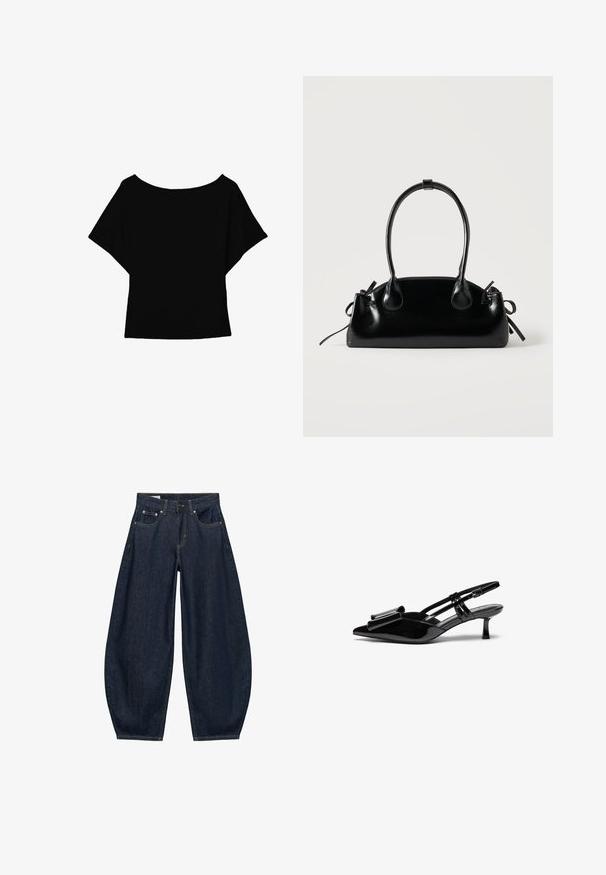 Sort kortærmet bluse med bred bådudskæring og løs pasform, vist mod en hvid baggrund.; Mørkeblå vidde jeans med frontlommer, bæltestropper og knaplukning i taljen.; Sorte patenterede læderslingbacks med spids tå, en sløjfedetalje foran og en lille stilettohæle. Remmene har justerbare spænder.; Lille sort blank håndtaske med to lange håndtag og snøre-detaljer i siden på en ensfarvet lys baggrund.