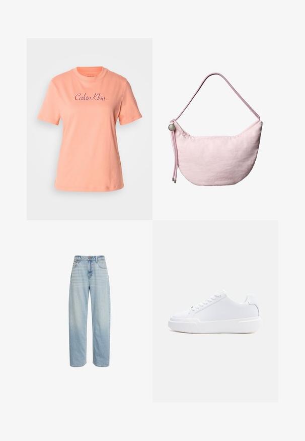 Broský bavlnený tričko s krátkymi rukávmi, okrúhlym výstrihom a vyšitým logom "Calvin Klein" v ružovej farbe. Hladká textúra a uvoľnený strih.; Svetlomodré rifle s vysokým pásom a rovnými nohavicami, s piatimi vreckami a zapínaním na gombíky, zobrazené na bielom pozadí.; Biely nízky topánok s viazaním na šnúrky, hrubou podrážkou a hladkým zvrškom, zobrazený z vonkajšej strany na jednoduchom svetlom pozadí.; Mäkká ružová ramenná taška v tvare polmesiaca s nastaviteľným popruhom zo šnúry, kovovým zarážkou a nenápadným vyrazeným logom „cK“ na prednej stredovej časti.