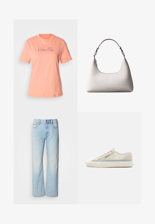 Broský bavlnený tričko s krátkymi rukávmi, okrúhlym výstrihom a vyšitým logom "Calvin Klein" v ružovej farbe. Hladká textúra a uvoľnený strih.; Svetlomodré široké džínsy vyrobené z denimu, s klasickým päť-pocket dizajnom a jemnou vyblednutou textúrou. Švy z denimu sú viditeľné.; Nízke béžové tenisky s bielou gumovou podrážkou, sieťovinovým zvrškom, zaväzovaním na šnúrky a sivým pruhom po boku.; Krémová kožená kabelka Calvin Klein cez rameno s oblým horným okrajom, strieborným zipsom a tmavo hnedým nastaviteľným remienkom.