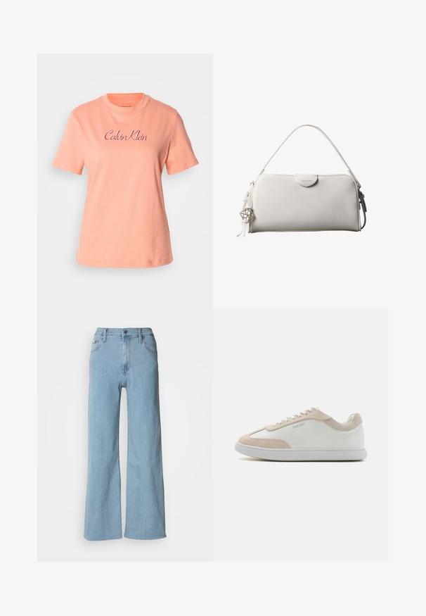 Pfirsichfarbene Baumwoll-T-Shirt mit kurzen Ärmeln, rundem Ausschnitt und gesticktem "Calvin Klein"-Logo in Pink. Glatte Textur und lässige Passform.; Hellblaue weite Jeans aus Denim, mit einer enganliegenden Taille, Fünf-Taschen-Design und dezenten Nähdetails.; Weiße Ledersneaker mit beigen Wildleder-Akzenten und weißen Schnürsenkeln. Sie verfügen über eine runde Zehenform und eine gepolsterte Sohle für zusätzlichen Komfort.; Weiße rechteckige Calvin Klein Handtasche mit einem einzelnen Henkel, minimalistischem Design und dekorativen Quasten mit geometrischem Metallanhänger an der Seite.