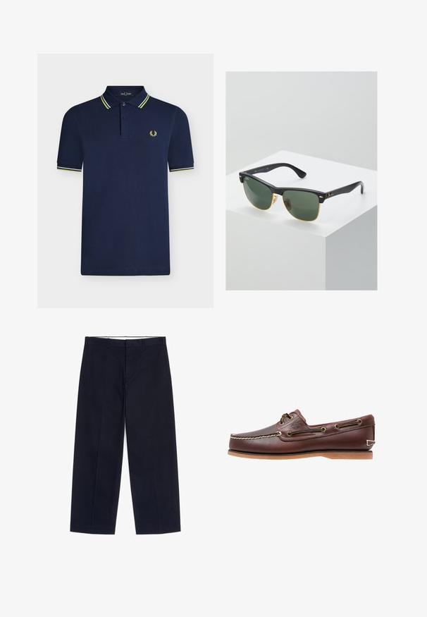 Polo bleu marine à manches courtes avec patte à deux boutons, col et poignets rayés, et petit logo laurier jaune sur la poitrine.; Pantalon noir à coupe droite avec passants de ceinture, poches latérales et fermeture éclair devant, présenté à plat sur fond blanc.; Chaussure bateau en cuir marron avec coutures blanches, détails de lacets et semelle en caoutchouc beige, vue de côté sur fond blanc.; Lunettes de soleil Ray-Ban avec des verres verts, monture en plastique noir et accents dorés sur les bords. Forme carrée avec une finition mate.