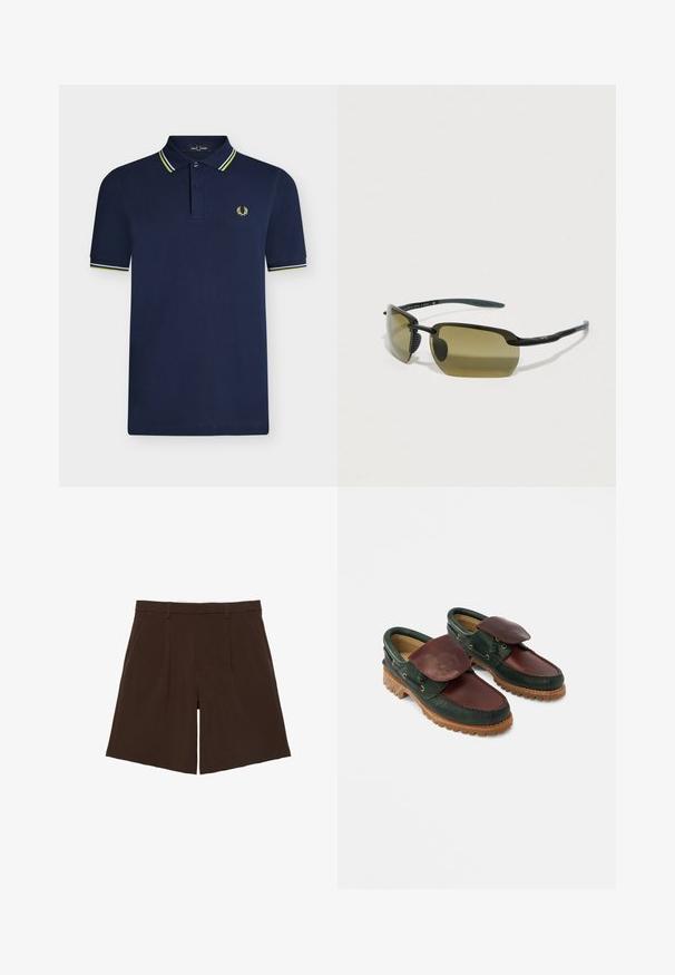 Polo bleu marine à manches courtes avec patte à deux boutons, col et poignets rayés, et petit logo laurier jaune sur la poitrine.; Shorts marron foncé coupés au genou, cintrés avec passants de ceinture et plis sur le devant, présentés à plat sur fond blanc.; Chaussures en cuir avec un corps vert foncé, un dessus bordeaux, un bout rond, un rabat sécurisé et une semelle en caoutchouc texturée avec des rainures.; Lunettes de soleil noires avec des lentilles ovales vertes, une monture mate élancée et des embouts de branches en caoutchouc pour le confort. Design minimaliste sans marquage visible.
