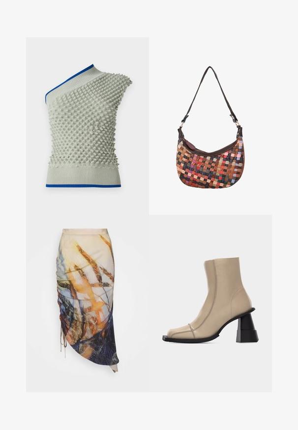 Asymmetrisk striktop i lys grå med hævet teksturmønster; har en blå ribbet halsudskæring og kant. Unikke detaljer forbedrer designet.; Materiel DIAGONAL GATHERED SKIRT - Pencil skirt - golden hour; Beige læder ankelstøvle med firkantet tå, synlige sømme og chunky sort skulptureret blokhæl på hvid baggrund.; Lille skuldertaske med flerfarvede vævede læderstrimler og en mørkebrun læderkant og strop mod en hvid baggrund.