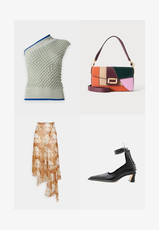 Asymmetrisk striktop i lys grå med hævet teksturmønster; har en blå ribbet halsudskæring og kant. Unikke detaljer forbedrer designet.; Ioannes SHAWL SKIRT - A-snit nederdel - sprayed lace ochre; Sort lavhælet lædersko med spids tå, snøredetalje bagpå og ankelrem mod en ensartet hvid baggrund.; Farveblok-læderhåndtaske i orange, beige, bordeaux, grøn og lyserød med guldlås og dobbelt bordeaux stropper, en kort og en lang.