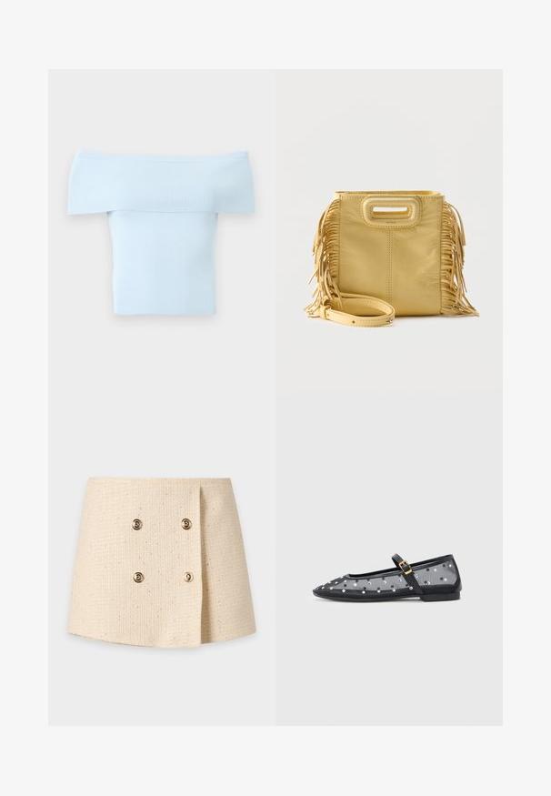 Haut bleu clair en tricot côtelé, épaules dénudées, avec un large col replié et un corps ajusté, sur un fond uni.; Mini-jupe texturée de couleur crème avec quatre boutons décoratifs dorés sur le devant et un détail portefeuille asymétrique.; Ballerines transparentes noires avec un bout pointu, une semelle plate et une bride à boucle, ornées de pois métalliques.; Sac à main en cuir jaune avec détails à franges sur les côtés, poignée découpée rectangulaire et bandoulière amovible placée à l'avant.